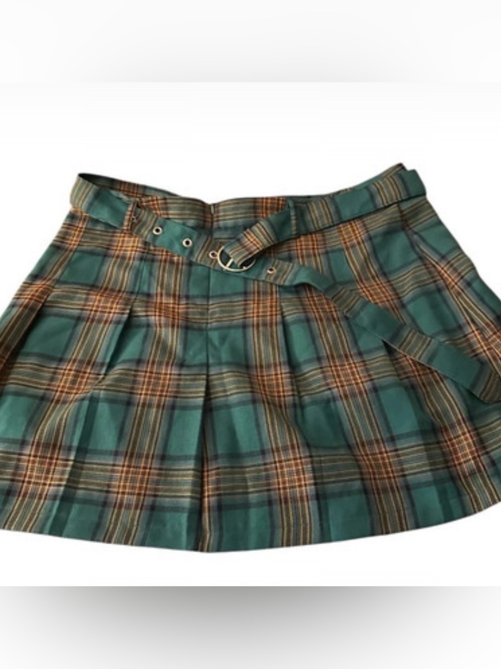 Almost Famous Green and Tan Plaid Pleated Mini Skirt with Belt XL